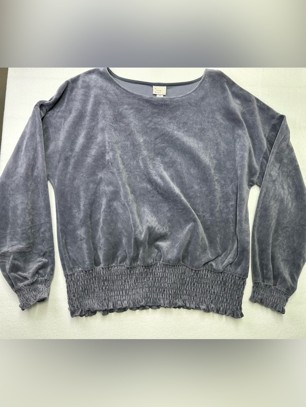 A New Day Velour Top Women’s Large Slate Gray Smocked Hem Luxe Soft
